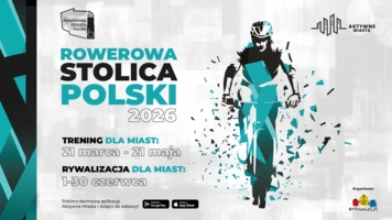 Rowerowa Stolica Polski - plakat z datai oraz grafika osoby jadącej na rowerze, w kolorystyce niebiesko-czarnej